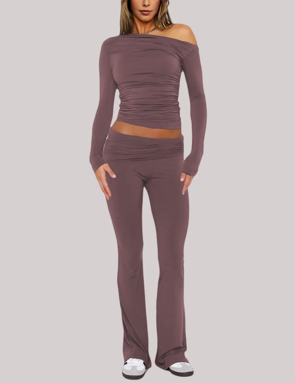Womens 2 Piece Lounge Sets Long Sleeve Off Shoulder Crop Tops Fold Over Flare Pants Causal Y2k Outfits Tracksuits