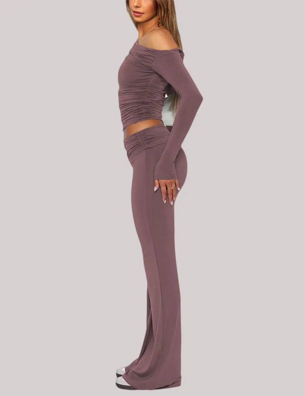 Womens 2 Piece Lounge Sets Long Sleeve Off Shoulder Crop Tops Fold Over Flare Pants Causal Y2k Outfits Tracksuits