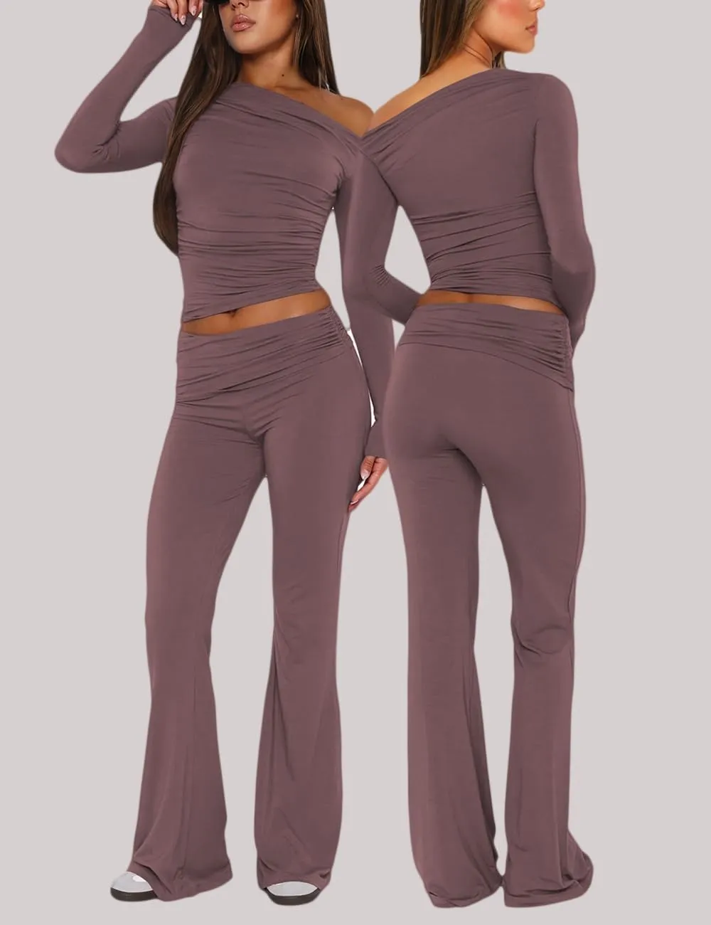 Womens 2 Piece Lounge Sets Long Sleeve Off Shoulder Crop Tops Fold Over Flare Pants Causal Y2k Outfits Tracksuits