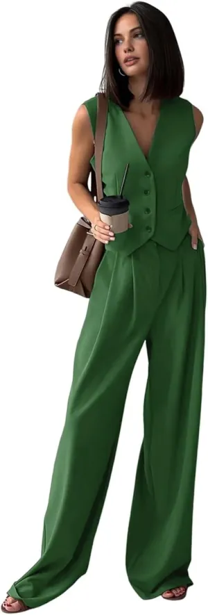 Women's 2 Piece Outfits Button Front Waistcoat Sleeveless V Neck Vest and Pants