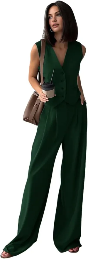 Women's 2 Piece Outfits Button Front Waistcoat Sleeveless V Neck Vest and Pants