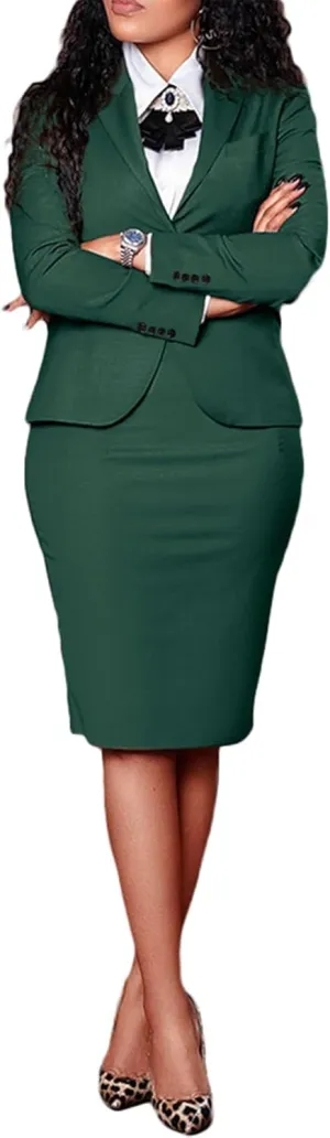 Women's 2 Piece Suit Skirt Set Business Formal Long Sleeve Blazer Jacket and Midi Pencil Skirt Plus Size