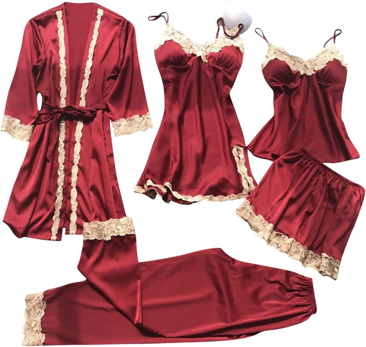 Womens 5 Pieces Pajamas Set Satin Silk Robe Floral Lace Cami Tops Shorts Pants Negligee Ladies Loungewear Sleepwear
