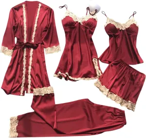 Womens 5 Pieces Pajamas Set Satin Silk Robe Floral Lace Cami Tops Shorts Pants Negligee Ladies Loungewear Sleepwear