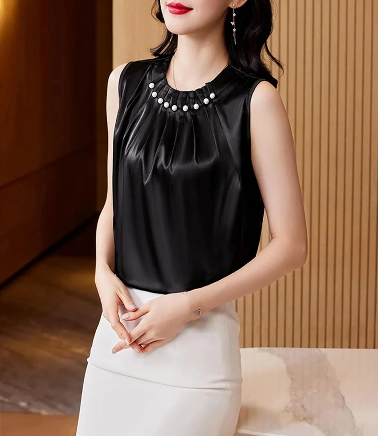 Women's Beaded Satin Pleated Tank Top Lightweight & Breathable Summer Camisole for Work Office Casual Loose Fit Crewneck Vest