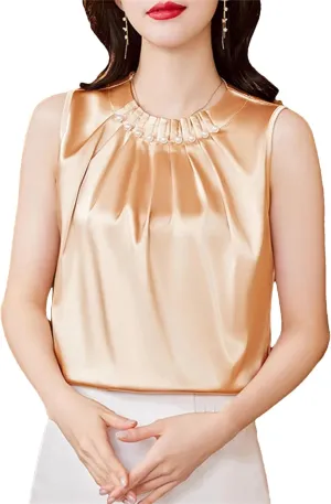 Women's Beaded Satin Pleated Tank Top Lightweight & Breathable Summer Camisole for Work Office Casual Loose Fit Crewneck Vest