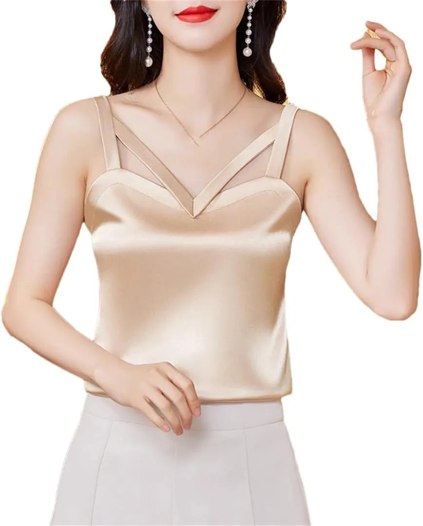 Women's Camisole Shirt Spring and Summer Silk Satin Vest Sleeveless Hollow Top