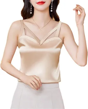 Women's Camisole Shirt Spring and Summer Silk Satin Vest Sleeveless Hollow Top
