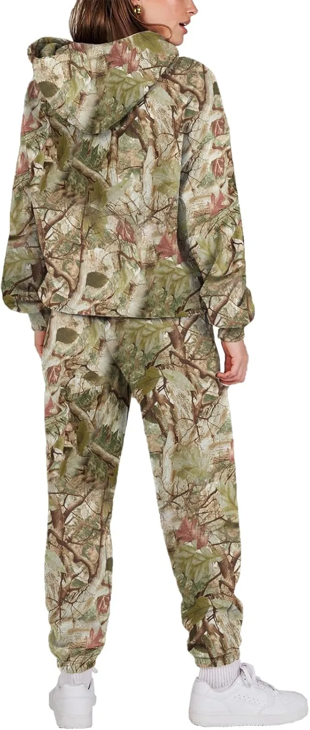 Women's Camo Sweatsuit Set - 2 Piece: Oversized Maple Leaf Print Hoodie & Sweatpants