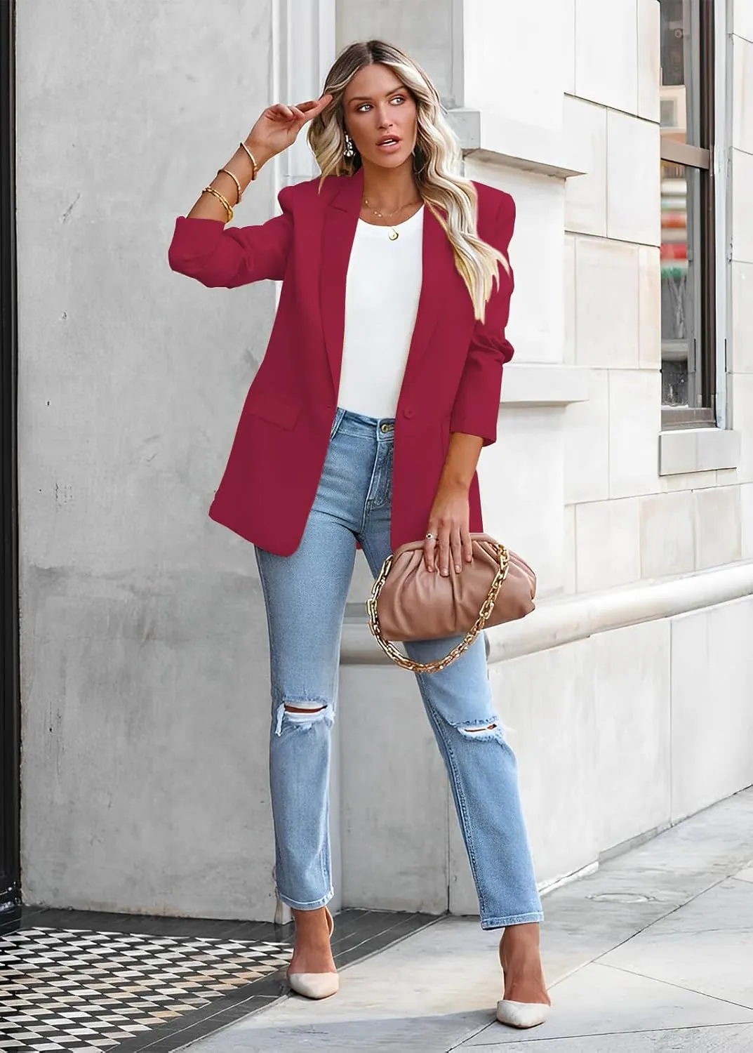 Womens Casual Loose Blazers Long Sleeve Pockets Work Office Jacket Blazer