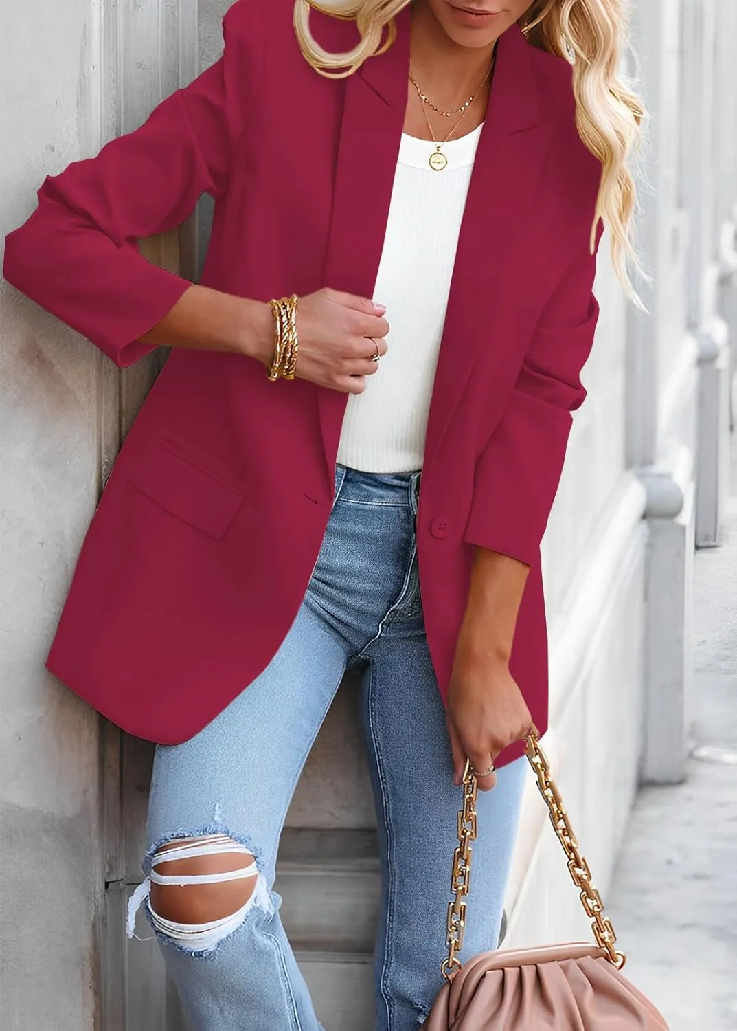 Womens Casual Loose Blazers Long Sleeve Pockets Work Office Jacket Blazer