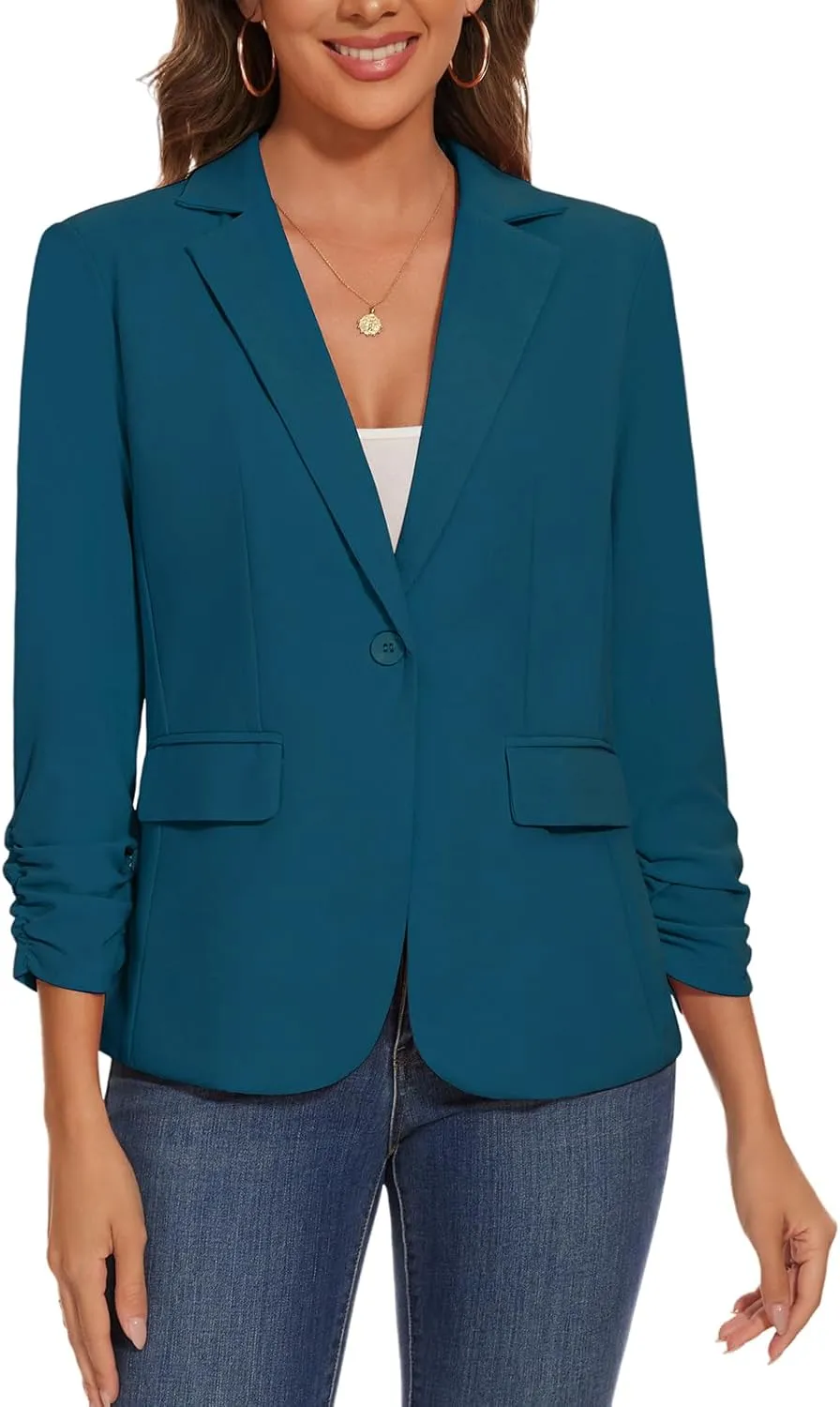 Women's Casual Single Button Front Blazer Ruched 3/4 Sleeve Notched Lapel Office Lightweight Blazers with Pockets