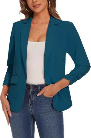 Women's Casual Single Button Front Blazer Ruched 3/4 Sleeve Notched Lapel Office Lightweight Blazers with Pockets