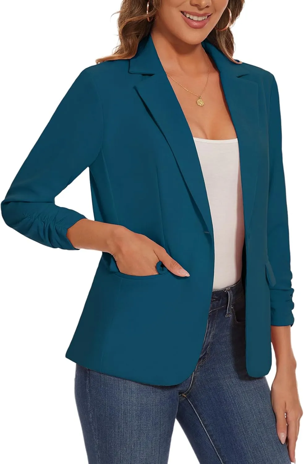 Women's Casual Single Button Front Blazer Ruched 3/4 Sleeve Notched Lapel Office Lightweight Blazers with Pockets
