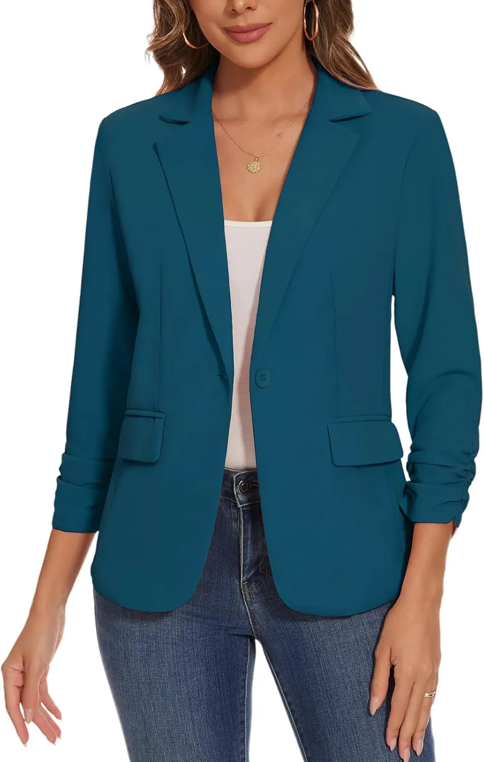 Women's Casual Single Button Front Blazer Ruched 3/4 Sleeve Notched Lapel Office Lightweight Blazers with Pockets