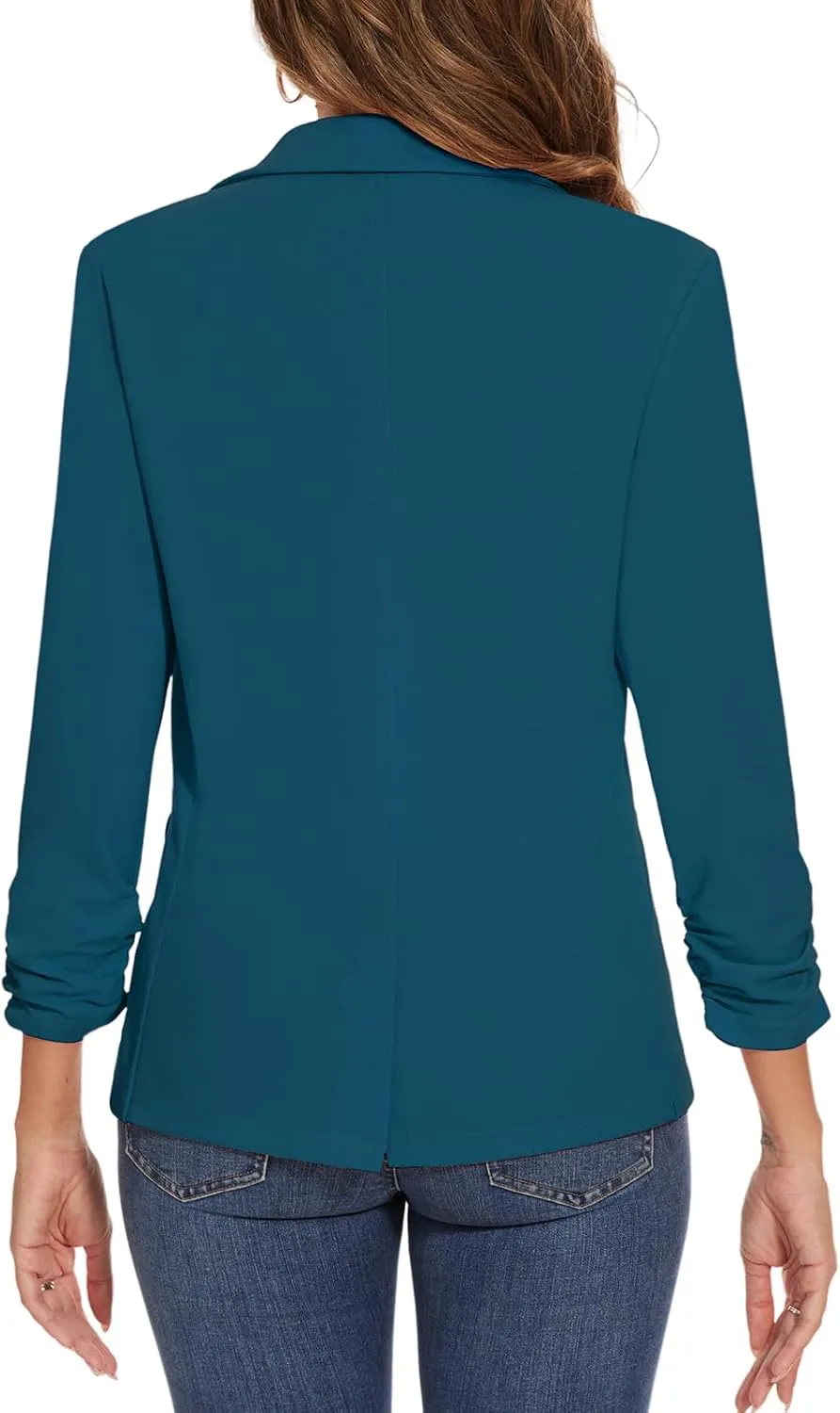 Women's Casual Single Button Front Blazer Ruched 3/4 Sleeve Notched Lapel Office Lightweight Blazers with Pockets
