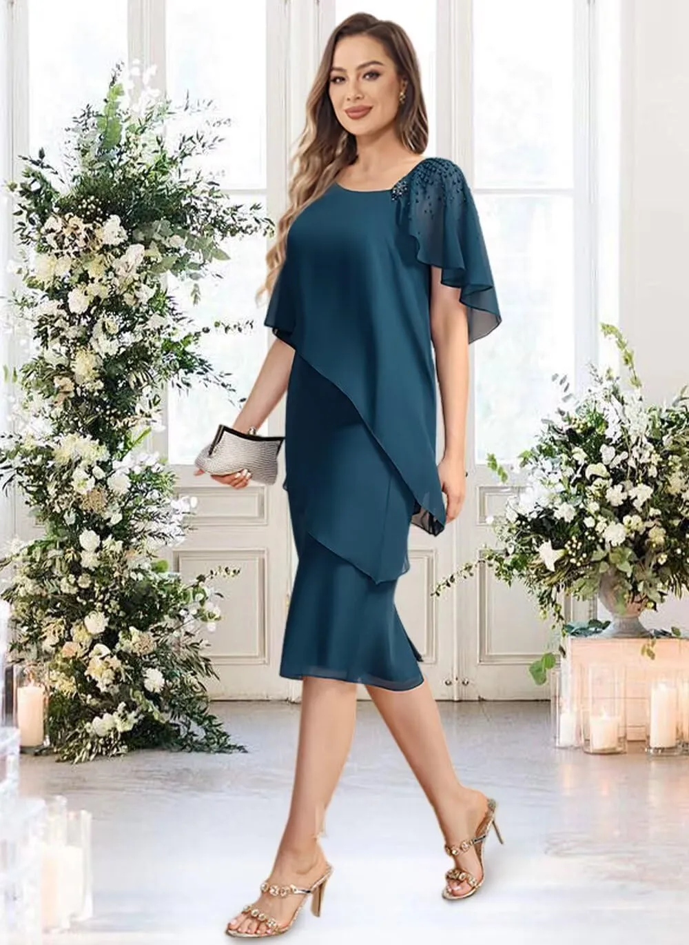 Womens Chiffon Mother of The Bride Dress 2025 Knee Length Formal Dress with Ruffles LN117