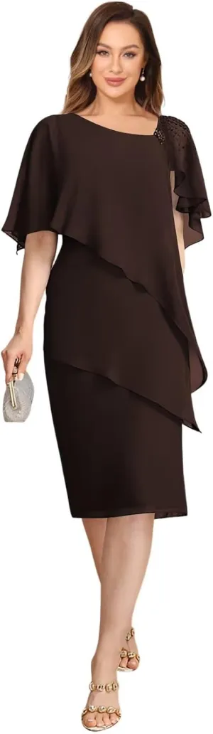 Womens Chiffon Mother of The Bride Dress 2025 Knee Length Formal Dress with Ruffles LN117