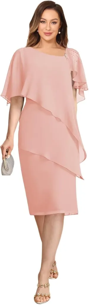 Womens Chiffon Mother of The Bride Dress 2025 Knee Length Formal Dress with Ruffles LN117