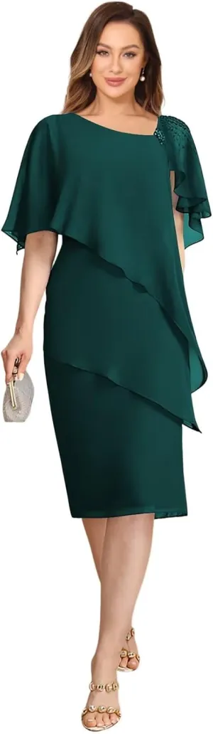 Womens Chiffon Mother of The Bride Dress 2025 Knee Length Formal Dress with Ruffles LN117