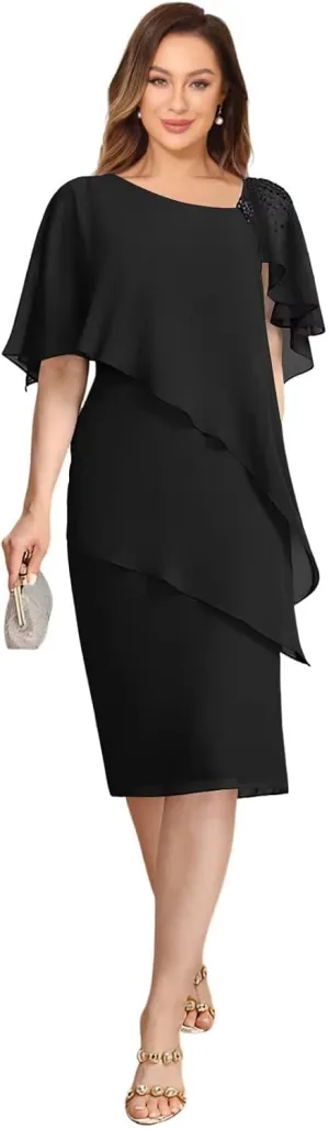 Womens Chiffon Mother of The Bride Dress 2025 Knee Length Formal Dress with Ruffles LN117