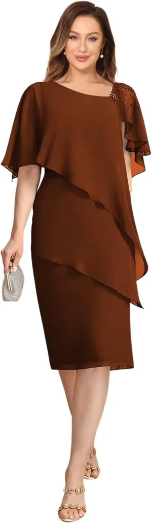Womens Chiffon Mother of The Bride Dress 2025 Knee Length Formal Dress with Ruffles LN117