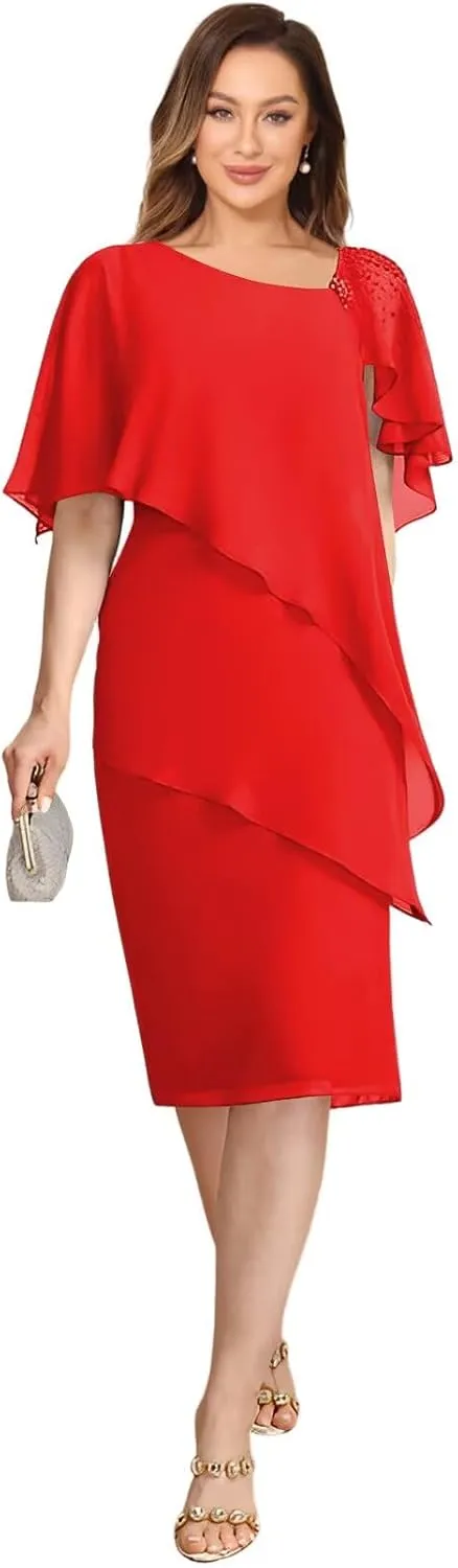 Womens Chiffon Mother of The Bride Dress 2025 Knee Length Formal Dress with Ruffles LN117