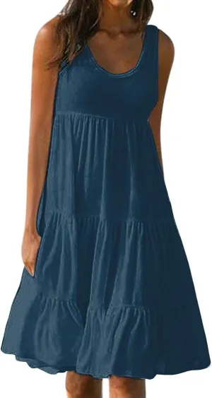 Womens Dresses Spring Dresses for Women 2024 Pleated Bohemian Dresses Cute Sleeveless Flowing Beach Straight T-Shirt