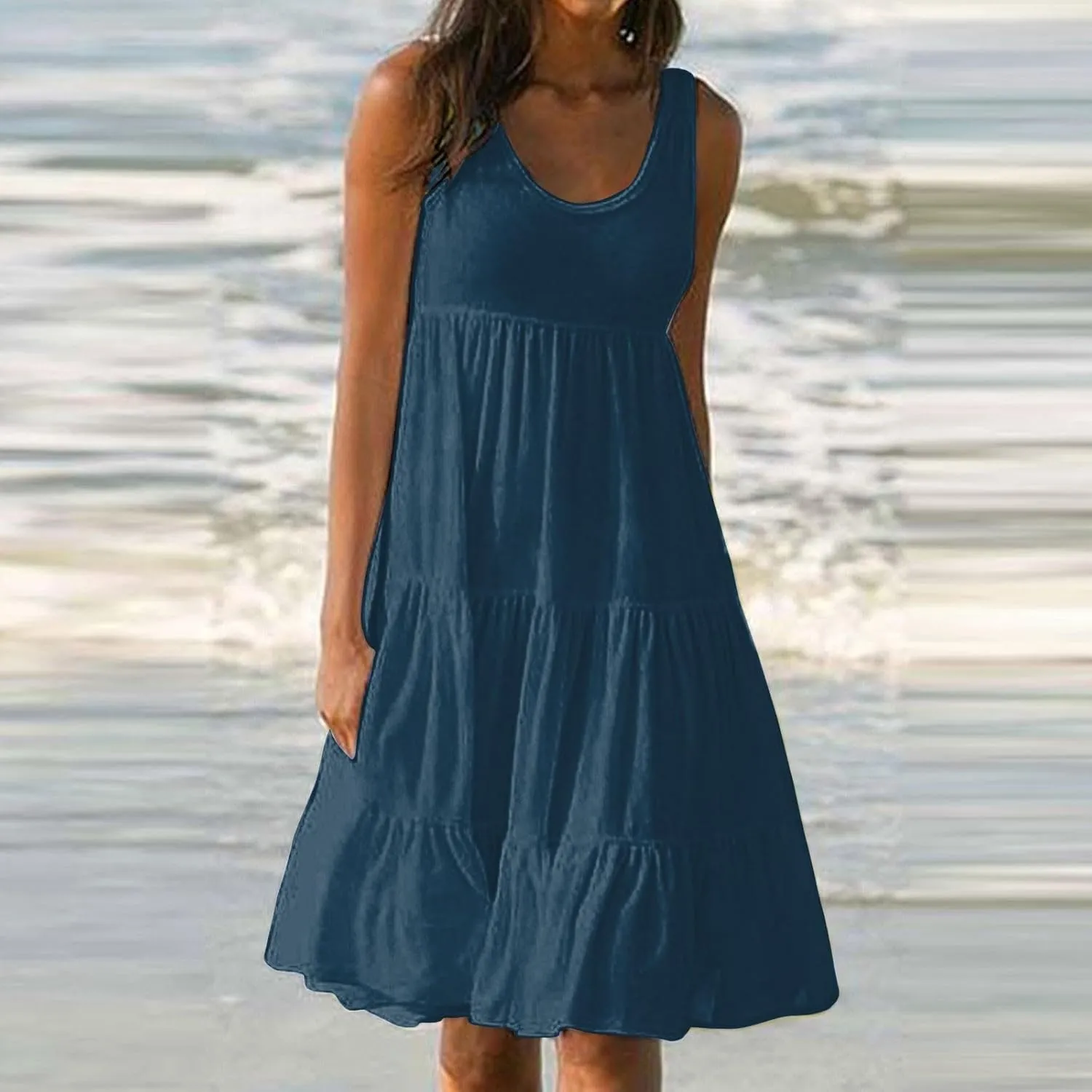 Womens Dresses Spring Dresses for Women 2024 Pleated Bohemian Dresses Cute Sleeveless Flowing Beach Straight T-Shirt