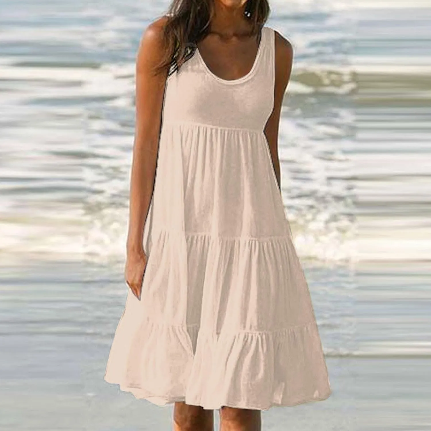 Womens Dresses Spring Dresses for Women 2024 Pleated Bohemian Dresses Cute Sleeveless Flowing Beach Straight T-Shirt
