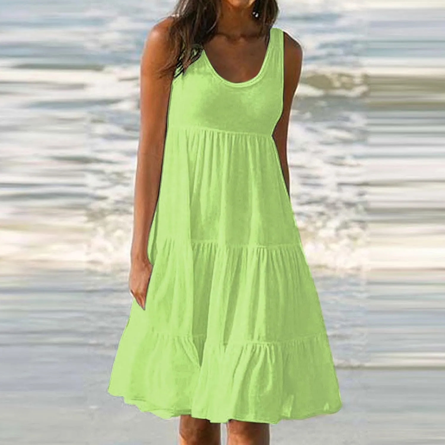 Womens Dresses Spring Dresses for Women 2024 Pleated Bohemian Dresses Cute Sleeveless Flowing Beach Straight T-Shirt