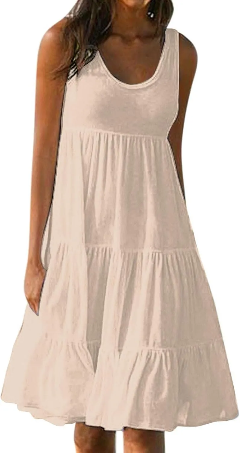 Womens Dresses Spring Dresses for Women 2024 Pleated Bohemian Dresses Cute Sleeveless Flowing Beach Straight T-Shirt