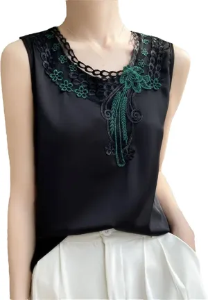 Women's Embroidered Satin Tank Top Camisole Summer Lightweight Round Neck Sleeveless Blouse Loose Fit Casual Work Office Vest