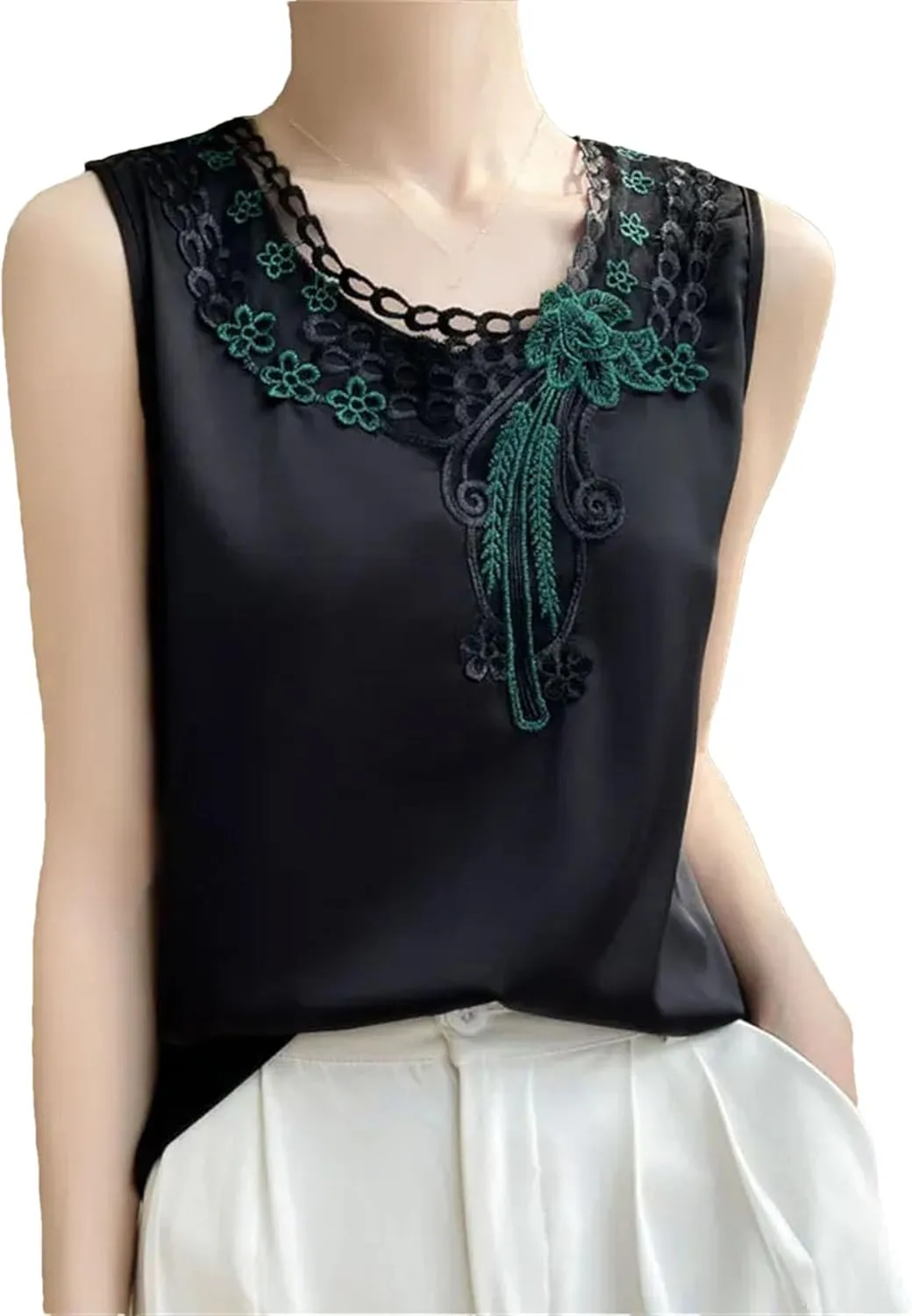 Women's Embroidered Satin Tank Top Camisole Summer Lightweight Round Neck Sleeveless Blouse Loose Fit Casual Work Office Vest