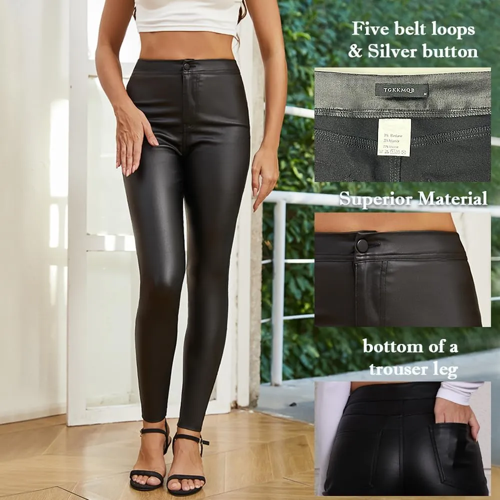 Women's Faux Leather Pants Wide-Leg Loose Flared Black Leather Pants Baggy Trousers with Buttons Pockets
