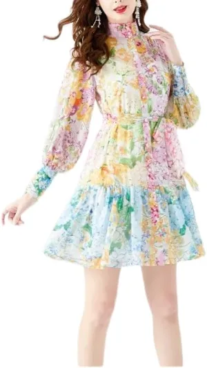 Women's Floral Print Mini Dress Long Lantern Sleeve Flowy Ruffle Casual Button Summer Dresses with Belts