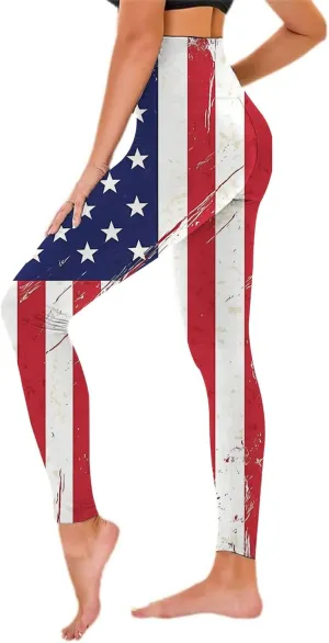 Womens High Waist American Flag Leggings Cute Slim Fit Yoga Sport Active Pants Stripes Patriotic Tights