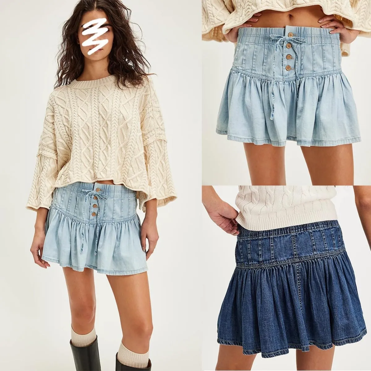 Women's High Waisted Mini Denim Skirt Button Up Pleated Ruffle, and Drawstring Design A-Line Short Jean Y2K Skirt
