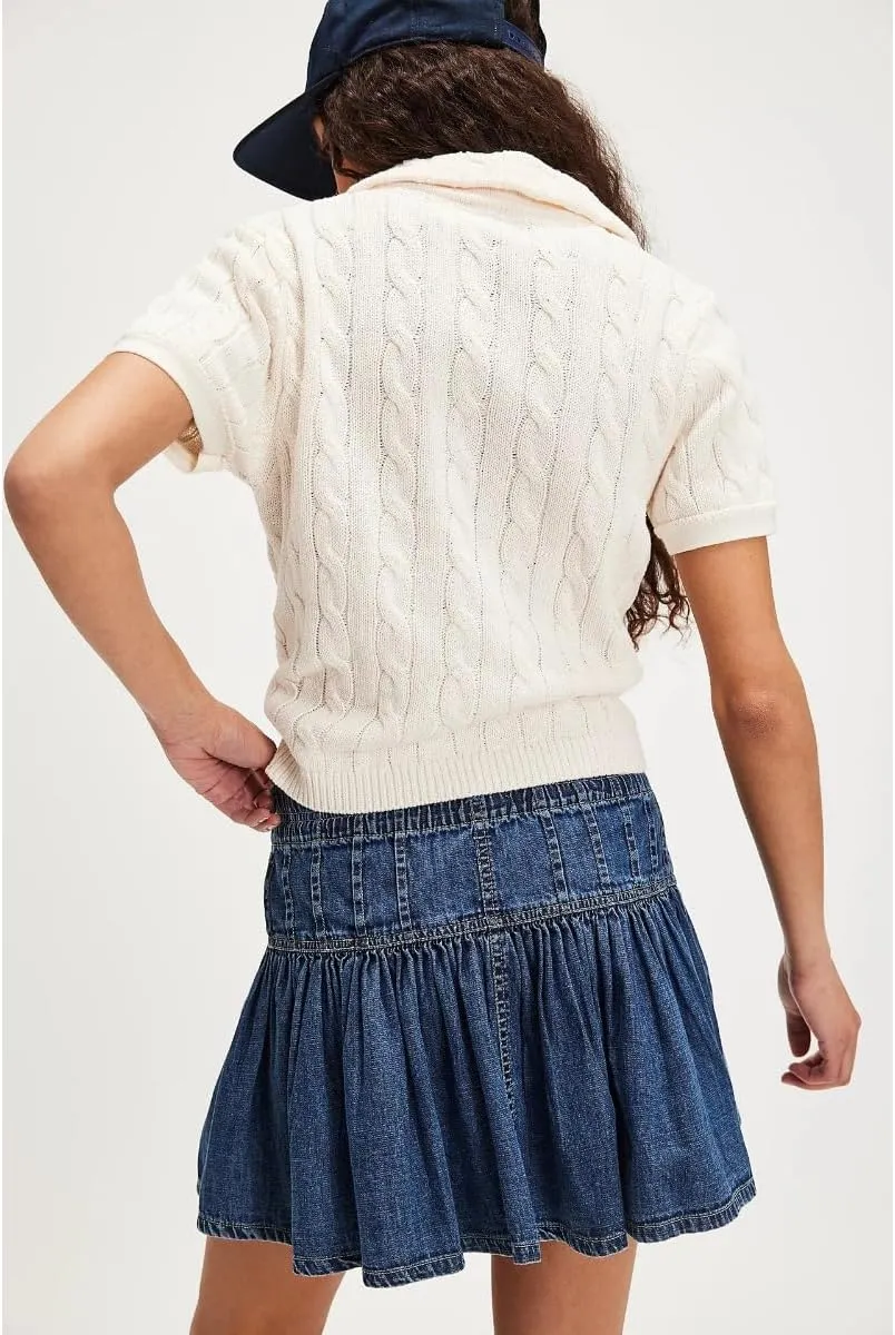 Women's High Waisted Mini Denim Skirt Button Up Pleated Ruffle, and Drawstring Design A-Line Short Jean Y2K Skirt