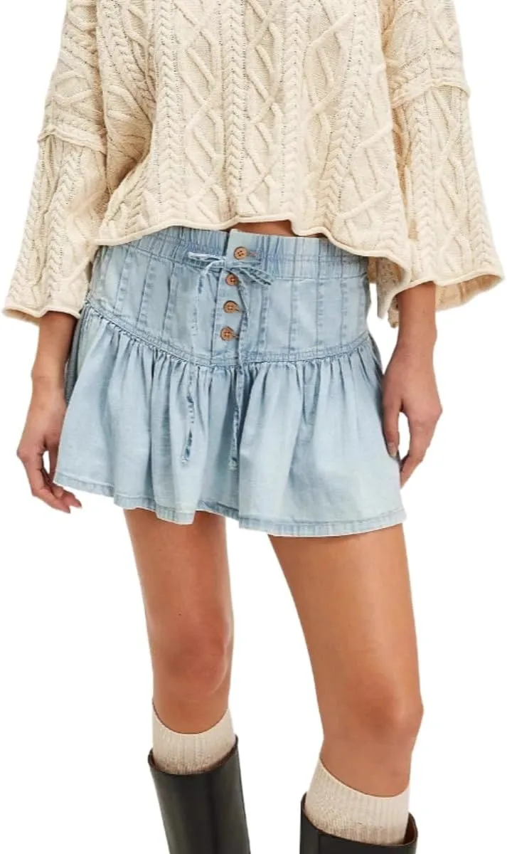 Women's High Waisted Mini Denim Skirt Button Up Pleated Ruffle, and Drawstring Design A-Line Short Jean Y2K Skirt