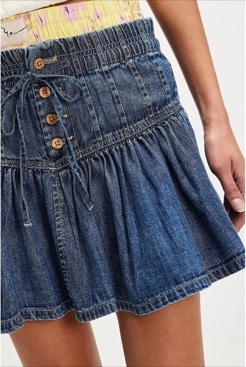Women's High Waisted Mini Denim Skirt Button Up Pleated Ruffle, and Drawstring Design A-Line Short Jean Y2K Skirt