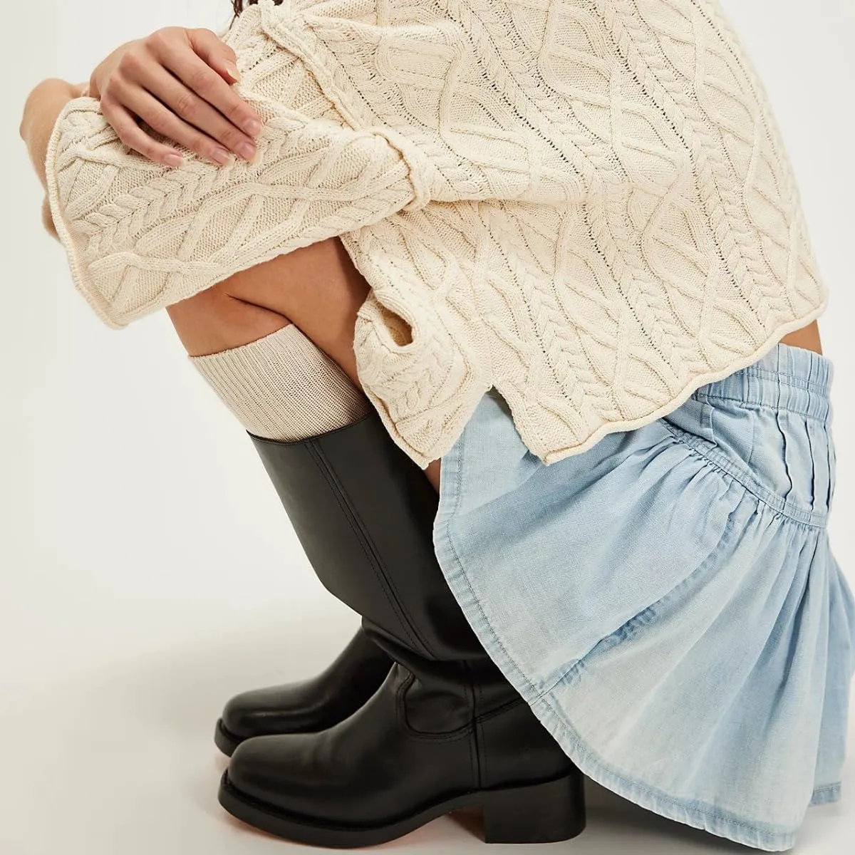 Women's High Waisted Mini Denim Skirt Button Up Pleated Ruffle, and Drawstring Design A-Line Short Jean Y2K Skirt
