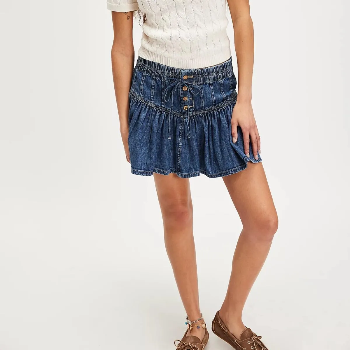 Women's High Waisted Mini Denim Skirt Button Up Pleated Ruffle, and Drawstring Design A-Line Short Jean Y2K Skirt