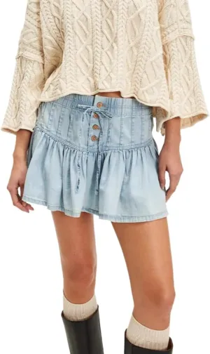 Women's High Waisted Mini Denim Skirt Button Up Pleated Ruffle, and Drawstring Design A-Line Short Jean Y2K Skirt