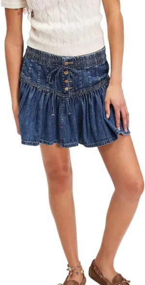 Women's High Waisted Mini Denim Skirt Button Up Pleated Ruffle, and Drawstring Design A-Line Short Jean Y2K Skirt