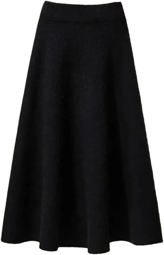 Women's Knitted Pleated Skirt Midi Elastic High Waist A-Line Sweater Winter Wool Long Mom Skirt