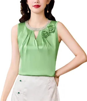 Women's Lightweight Satin Tank Top & Camisole Summer Breathable O-Neck Sleeveless Vest with 3D Flower Hollow Out Beaded Shirt