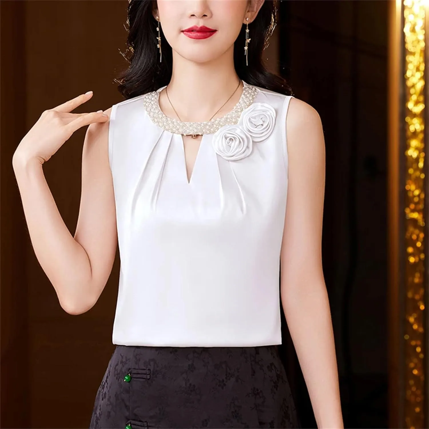 Women's Lightweight Satin Tank Top & Camisole Summer Breathable O-Neck Sleeveless Vest with 3D Flower Hollow Out Beaded Shirt