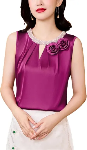 Women's Lightweight Satin Tank Top & Camisole Summer Breathable O-Neck Sleeveless Vest with 3D Flower Hollow Out Beaded Shirt