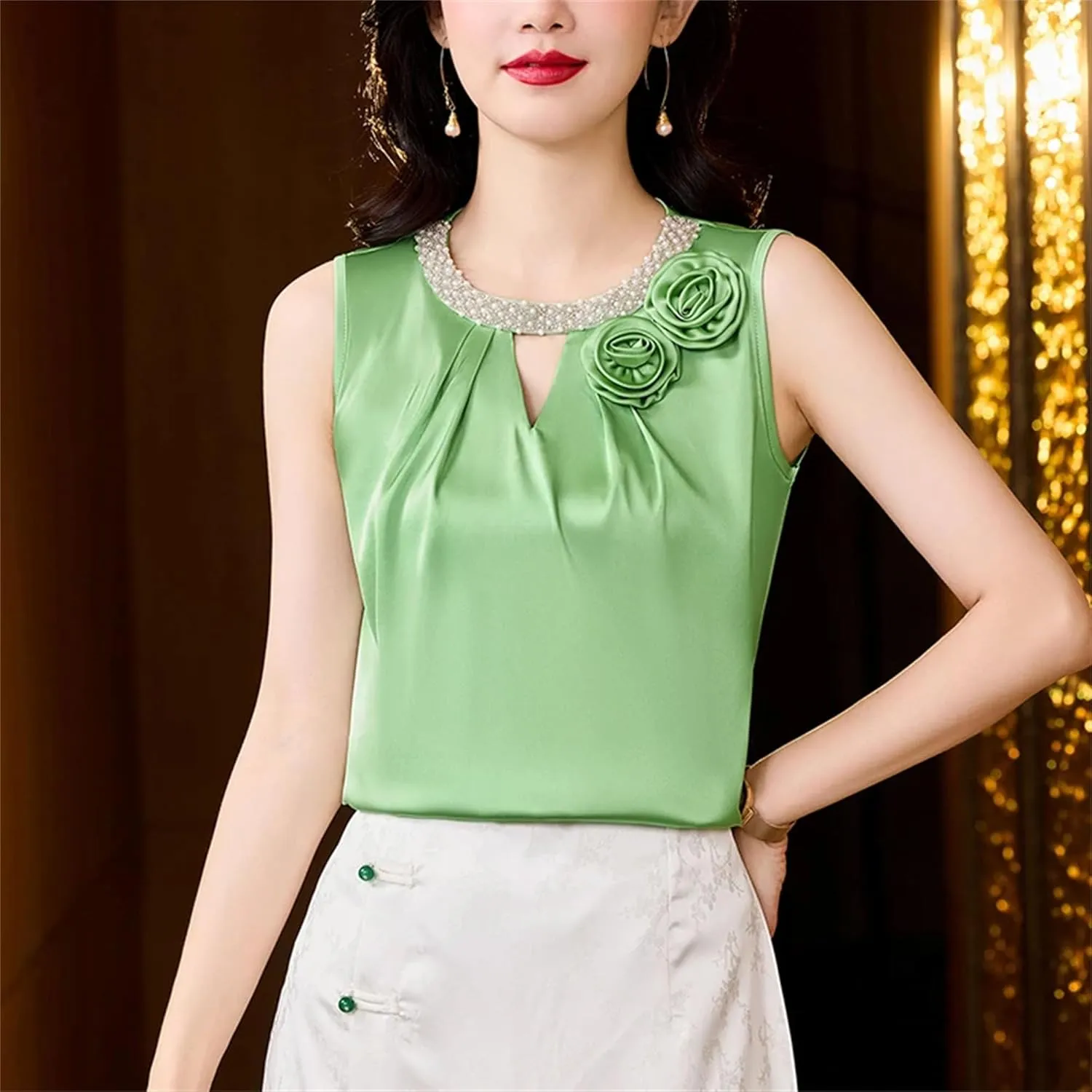 Women's Lightweight Satin Tank Top & Camisole Summer Breathable O-Neck Sleeveless Vest with 3D Flower Hollow Out Beaded Shirt